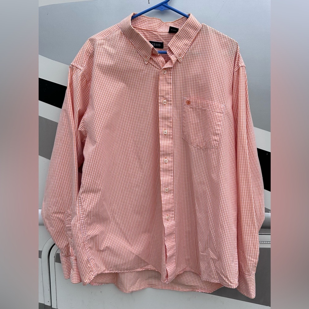 IZOD Oxford Button Down Long Sleeve Shirt Size XL Men's Orange White Checkered